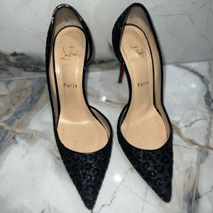 CHRISTIAN LOUBOUTIN So Kate Black Leather Leopard Print Pumps Size 37.5
